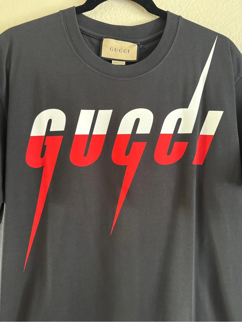 Gucci Black Short-Sleeve Logo Tee with Red and White Graphic
